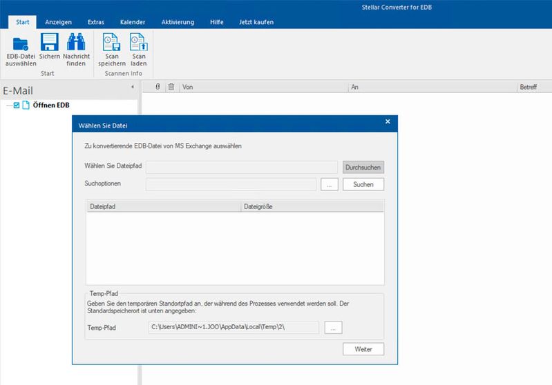 Der Export von Daten ist in „Stellar Converter for EDB“ auch von Offline-EDB-Dateien aus möglich.