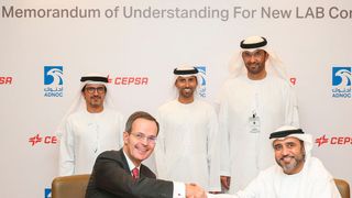 Sitting: Pedro Miró, CEO of Cepsa and Abdulaziz Abdulla Alhajri (Director of Downstream at Adnoc), and behind from left to right: Musabbeh Al Kaabi (CEO of Mubadala's Petroleum and Petrochemicals Platform), Suhail Al Mazrouei (Chairman of Cepsa) and Sultan Ahmed Al Jaber (CEO of Adnoc).  (Adnoc)