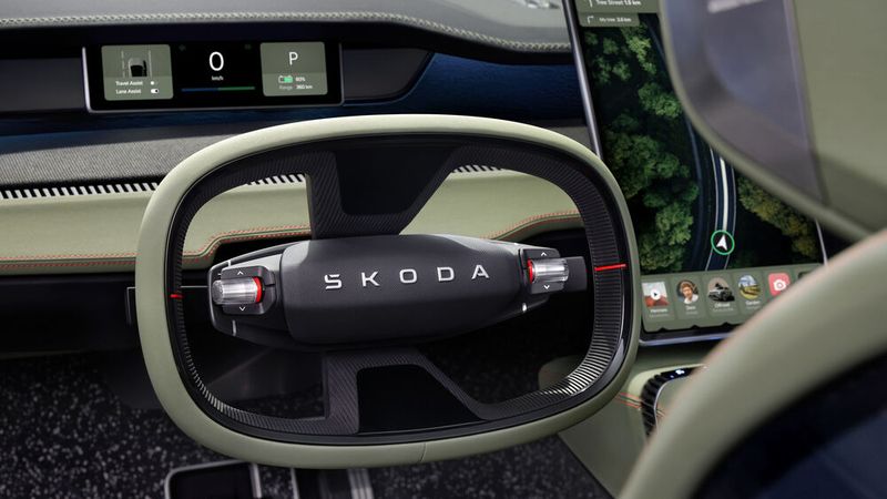 Im Relax-Modus soll das Lenkrad samt Instrumententafel zurückfahren. (Bild: Skoda)