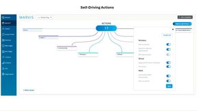 Das Marvis-Dashboard in HPE Mist zeigt alle erkannten Netzwerkprobleme in einer Baumstruktur. Über Toggle-Schalter legt der Administrator fest, welche Self-Driving-Aktionen das System eigenständig ausführen darf. (Bild: HPE)