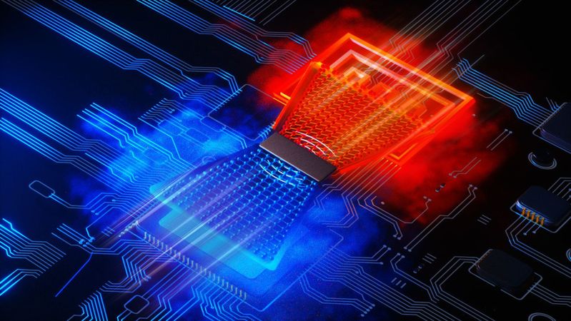 Das neue Kühlsystem verbindet zwei Nickel-Titan-Folien: Eine wärmeaktive Folie erzeugt Bewegung, die eine zweite Folie zur Kälteerzeugung nutzt.(Bild:  Concept by Yi-Ting Hsiau and Jingyuan Xu, KIT; visual design by Ella Maru Studio)
