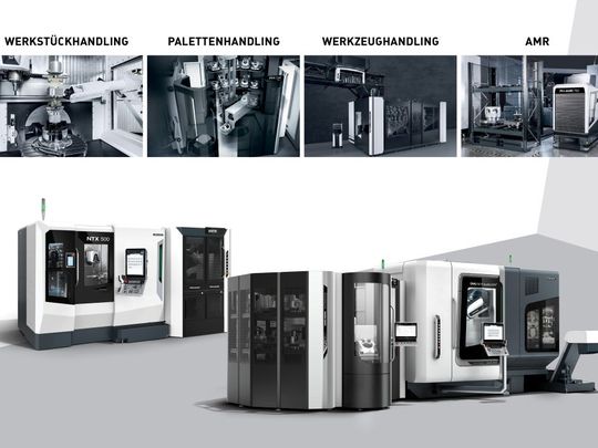 DMG Mori treibt die automatisierte Fertigung mit einem breiten Lösungsportfolio voran – von kollaborativen Robotern für das Werkstückhandling bis zu Systemen für Material-, Werkzeug- und Spänetransport.(Bild:  DMG Mori)