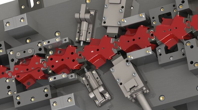 Teilweises Folgeverbundwerkzeug-Rendering mit Logopress3 und Solidworks. (Autoform/Logopress)