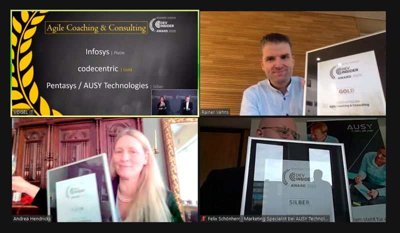 Den Auftakt bildet dieses Jahr die Kategorie Agile Coaching & Consulting, die IT-Awards (von Platin nach Silber) durften auspacken: Andrea Hendrickx für Infosys, Rainer Vehns für Codecentric und Felix Schönherr für AUSY Technologies (Bild: Vogel IT-Medien)