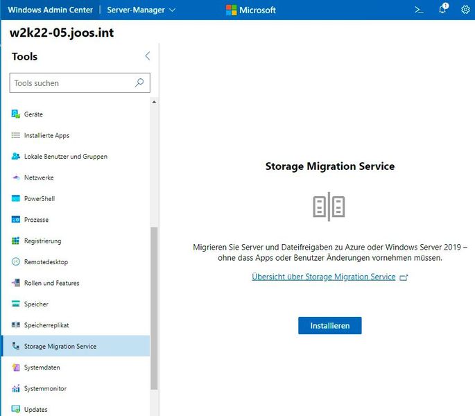 Die Verwaltung des Storage Migration Service in Windows Server 2022 erfolgt über das Windows Admin Center. (Bild: Joos (Screenshot))