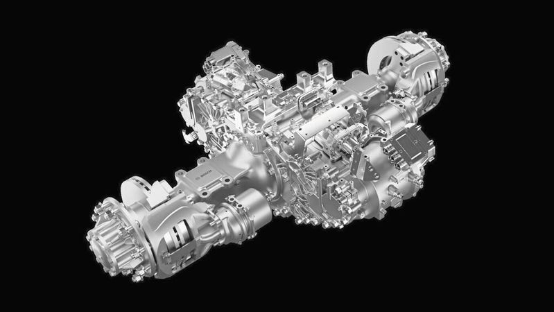 Die neue Rigid eAxle integriert Kernkomponenten des elektrischen Antriebsstrangs wie E-Motor und Getriebe in einer Starrachse für Nutzfahrzeuge von 18 bis 49 Tonnen.(Bild:  Bosch)