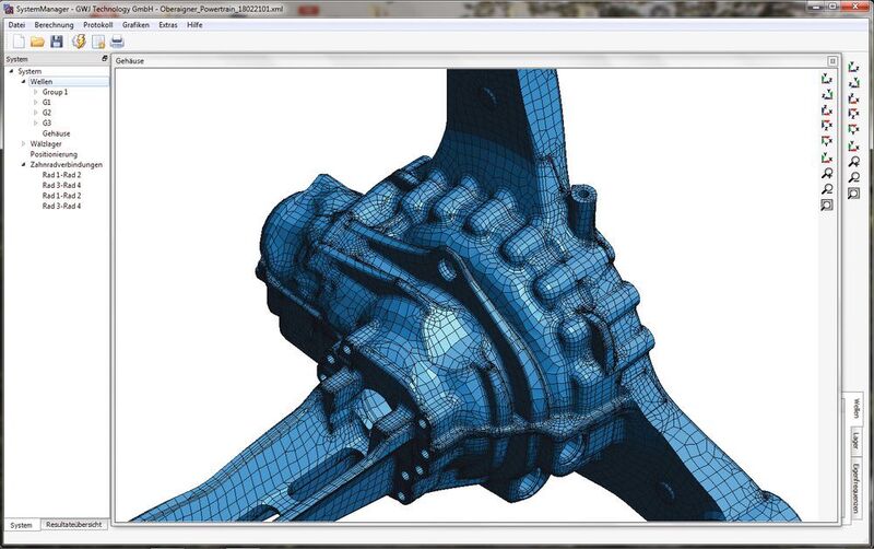 Bild 4: Die Funktion „3D-elastische Bauteile“ berücksichtigt Steifigkeiten und Verformungen komplexer Geometrien. Das Bild zeigt ein automatisch vernetztes Gehäuse.  (Oberaigner Powertrain GmbH)