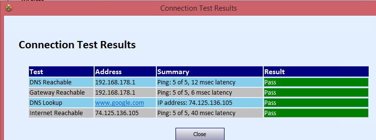 Abbildung 9: Die Schaltfläche „Connection Test“ zeigt in einem Fenster übersichtlich den Verbindungsstatus an. Hier lässt sich die Anbindung an DNS, das Standard-Gateway und damit auch das Internet prüfen. Liegen Fehler vor, können Administratoren recht schnell das Problem eingrenzen. Das gilt auch für Leistungsprobleme. (Bild: Joos)