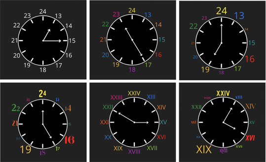 Ein Beispiel für die sechs Uhren der „Clock Task“, deren Werte die Probanden im Kopf addieren mussten. Unterschiedliche Ziffernarten und Farben erschwerten die Aufgabe zusätzlich.(Bild:  Uccello et al., IEEE OJITS 2026)