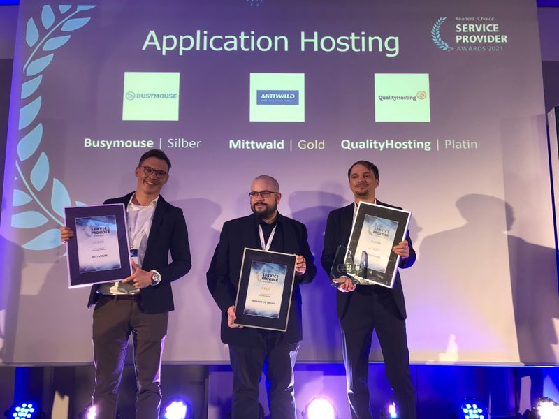 Die besten Anbieter im Application Hosting sind: (v.r..) Quality Hosting (Platin), Mittwald (Gold) und Busymouse (Silber). ()