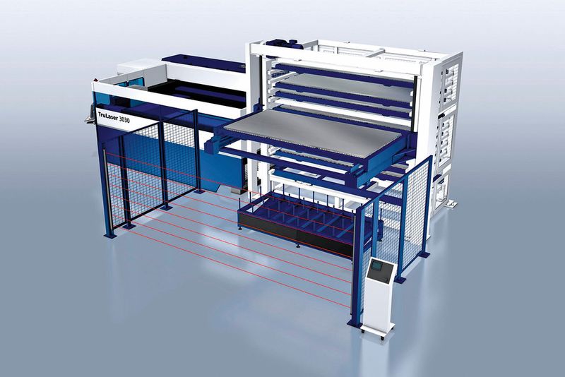 Der Mehrfachpalettenwechsler PalletMaster Tower erfüllt die Aufgaben einer kompletten Automatisierungszelle, indem er einen automatisierten Palettenwechsel mit einer kompakten Lagertechnik verbindet. (Bild: Trumpf)