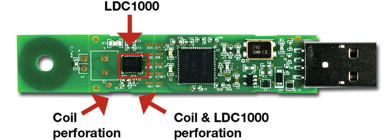 Bild 3: Auf dem Evaluationboard in Form des USB-Sticks ist ganz links die Spule zu erkennen, rechts daneben der LDC1000 (der Rest ist die Elektronik des USB-Sticks). (Bild: Texas Insdtruments)