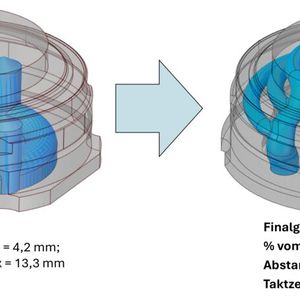 Deutliche Gewichtsreduzierung dank AdTopoTool: Beispiel eines Spritzgusswerkzeugs (links Originalwerkzeug, rechts: Topologieoptimierung).(Bild:  Fraunhofer IWU)