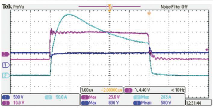 Bild 3: Kurzschlussprüfung eines 1200 V/80 mΩ-SiC-MOSFET bei einer DC-Verbindung von 600 V und VGS =20 V, die eine Kurzschlussfestigkeit von mindestens 5 μs ergibt. (Bild: Littlefuse)