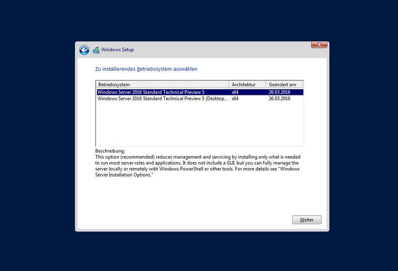 Empfehlung für den Server ohne Windows-Oberfläche: Schon bei der Installation des Windows Servers 2016 wird standardmäßig die Version ohne GUI ausgewählt und vorgeschlagen. (Bild: Schlede/Bär)
