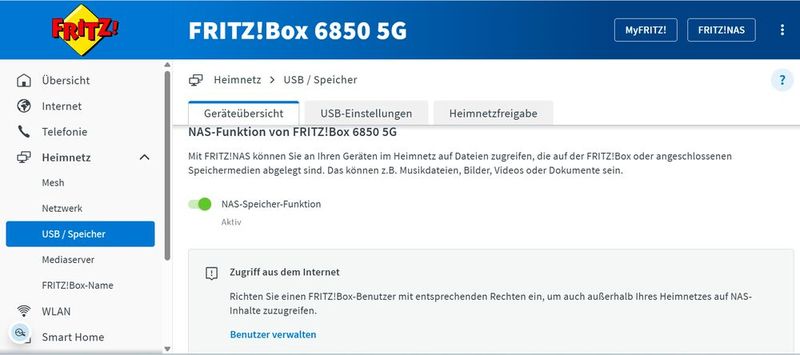 Die aktivierte NAS-Funktion in der Fritzbox-Oberfläche zeigt, wie ein angeschlossener USB-Speicher zentral im Netzwerk bereitgestellt und für interne sowie externe Zugriffe konfiguriert wird. (Bild: Joos – FRITZ!)