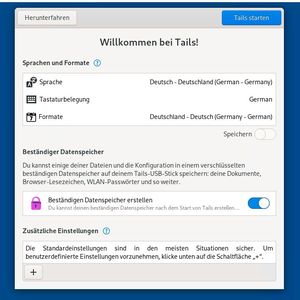 Tails lässt sich beim Starten anpassen. Bei der Einrichtung wird auch festgelegt, ob ein persistenter Speicher eingesetzt werden muss. (Bild: Joos)