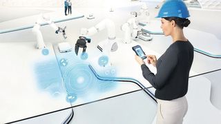 Mit diesem Bildmotiv veranschaulicht Sick idealtypische Produktionslandschaften. Die Formel dafür ist: Produktion 4.0 + Logistik 4.0 = Industrie 4.0. (Sick)