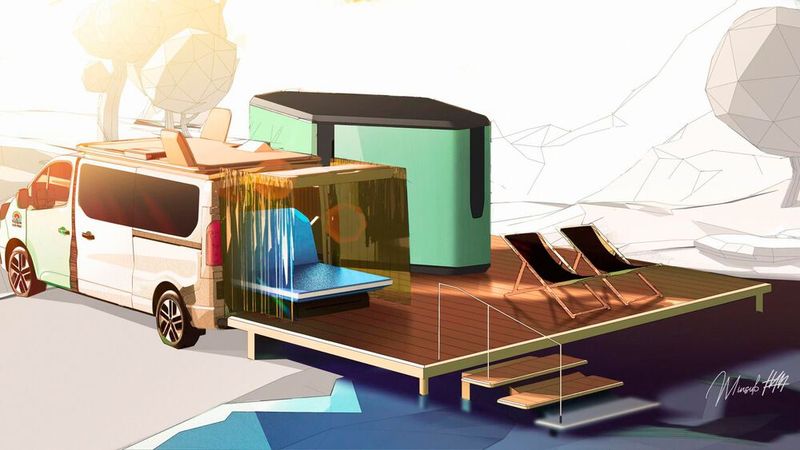 Die Franzosen haben sich ausgedacht, dass ein Spediteur mal eben ein Logistikmodul mit Nasszelle, Sanitäreinrichtung und Ladestation vorbeibringen könnte. (Bild: Hersteller)