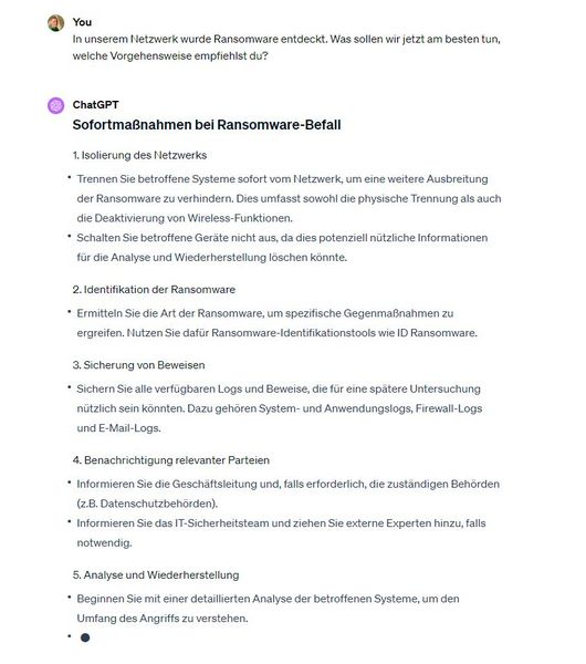 ChatGPT kann bei Cyberattacken erste Handlungen empfehlen, um eine strukturierte Vorgehensweise zu erreichen. (Bild: Joos)