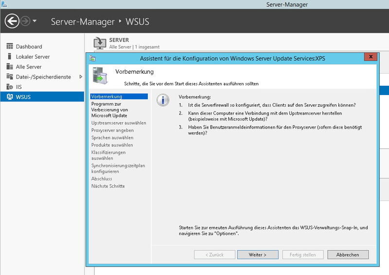 Die Verwaltung von WSUS starten Sie am schnellsten im Server-Manager über „Tools\Windows Server Update Services (WSUS)“. Alle WSUS-Server finden Sie in einer eigenen Gruppe im Server-Manager. Nach Installation und Grundkonfiguration müssen Sie den Dienst durch den Start des Verwaltungsprogrammes zunächst einmal einrichten. (Bild: Archiv)