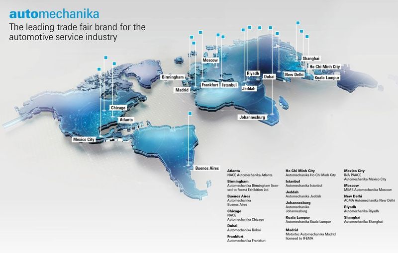 In den 1990er Jahren treibt die Messe Frankfurt die Internationalisierung voran. Die ersten Auslandsmessen der Automechanika finden 1997 in China und Russland statt. Mittlerweile ist die Automechanika an 16 Standorten in 15 Ländern präsent. (Messe Frankfurt)