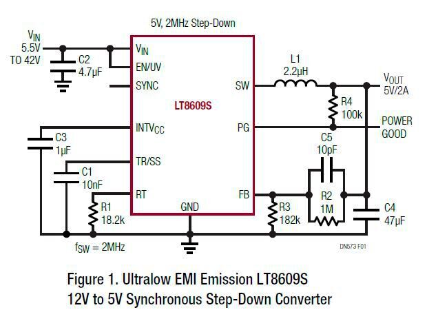 Bild 1: Synchroner Abwärtswandler von 12 V auf 5 V auf Basis des LT8609S mit extrem geringen EMI-Störungen  (Bild: Linear Technology)
