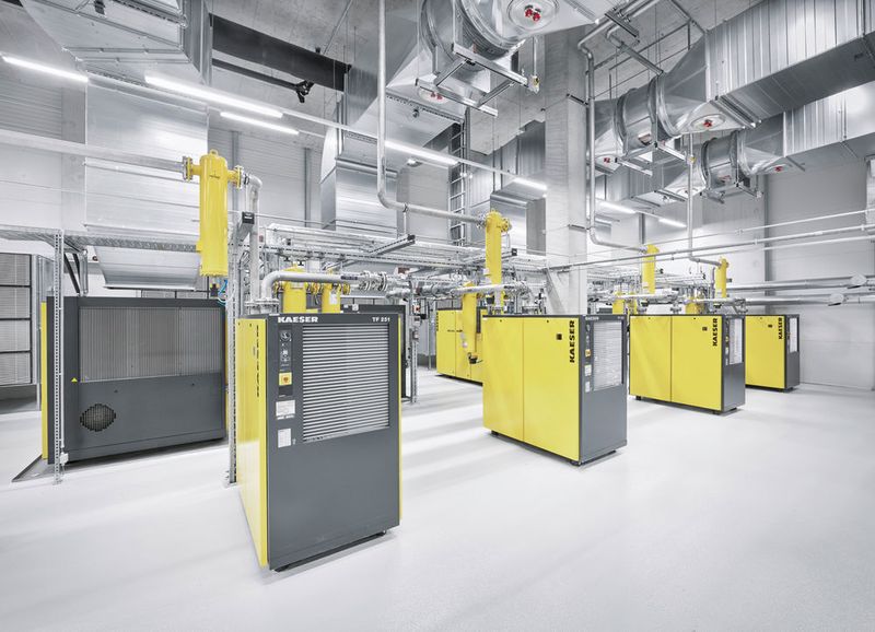 Blick in die Technologiefabrik von Festo in Scharnhausen: Ausgehend von der Druckluftzentrale wird die gesamte Fabrik über unterschiedliche Netze mit Druckluft versorgt. (Bild: Festo/Ralf Baumgarten)