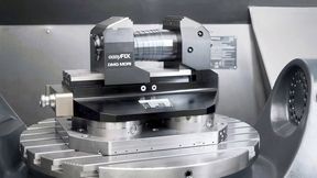 Pictured is the zero-point interface version of the Easyfix automatic vice from DMG Mori, which clamps a succession of workpieces of different size in automated manufacturing processes, without the need for manual intervention. (Source: DMG Mori)