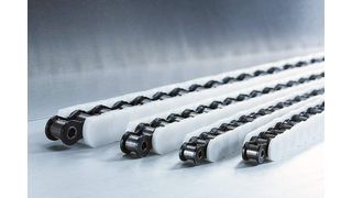 Transferketten von Iwis mit weißen Tragbügeln aus Polyacetalharz zum sauberen Transport des Fördergutes. Bild: Iwis (Archiv: Vogel Business Media)