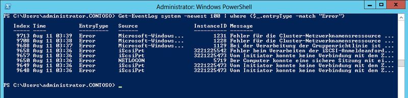 Auch auf die Ereignisanzeige lässt sich zugreifen. Um zum Beispiel die x neuesten Fehlermeldungen in der Ereignisanzeige System in der PowerShell zu betrachten, geben Administratoren den Befehl Get-EventLog system -newest 100 | where {$_.entryType -match 