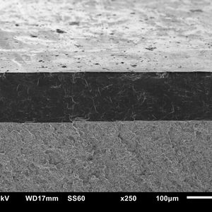 Ultradicke „ta-C“-Schicht von etwa 100 Mikrometern Schichtdicke nach ihrer Glättung. Schrägansicht auf die Bruchfläche im Rasterelektronenmikroskop. (Bild:  Fraunhofer IWS)