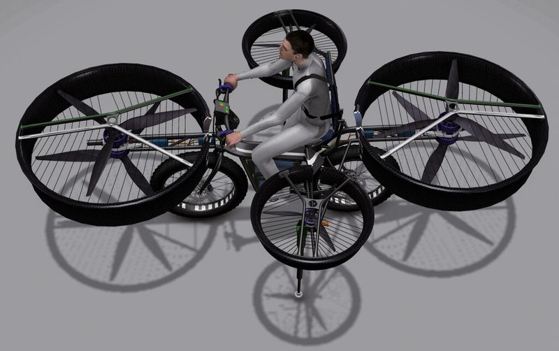 Um das Fahrrad in die Luft zu heben, spielten sie verschiedene technische Alternativen durch und entschieden sich schließlich für das sogenannte Multicopter-Prinzip: Damit steigt das Fahrzeug dank des Schubs von sechs feststehenden, horizontalen Propellern in die Luft. (Bild: Dassault)