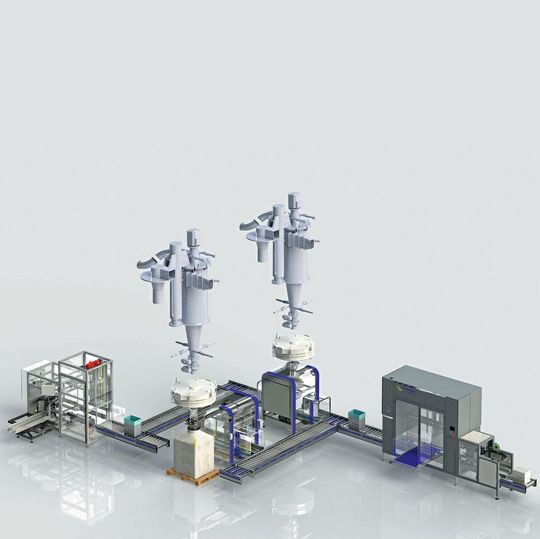 Vollautomatische Abfüllstation mit Kartonzuführer und -aufrichter, mechanischem Beutelverschließer und Etikettierer Vollautomatische Abfüllstation mit Kartonzuführer und -aufrichter, mechanischem Beutelverschließer und Etikettierer