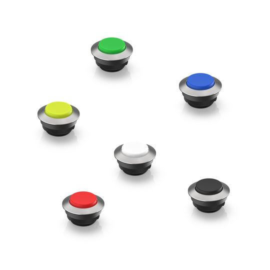 Neue Rafi-Leuchtdrucktaster der Serie Rafix 30 FS+ mit vorstehender transluzenter Blende in sechs verschiedenen Farben. (Bild:  Rafi)