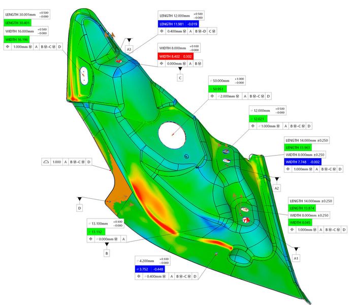 A GD&T report with surface deviation heat-map created using LK Metrology’s Focus inspection software from raw point cloud data acquired using one of the company’s new Ethernet laser scanners. (Source: LK Metrology)
