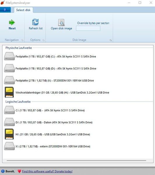 Nach dem Start zeigt FileSystemAnalyzer alle gefundenen Laufwerke an, die sich auf dem PC durchsuchen lassen. (Joos/Dmitry Brant (Screenshot))