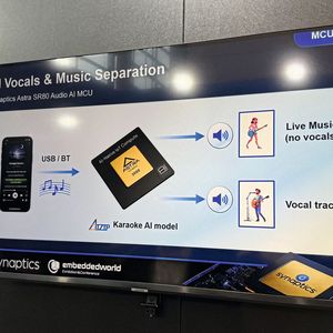 Schematische Darstellung der Audio-Separation: Ein lokales KI-Modell auf dem Chip teilt das eingehende Audiosignal verzögerungsfrei in eine Gesangs- und eine Instrumentalspur auf.(Bild:  mc/VCG)