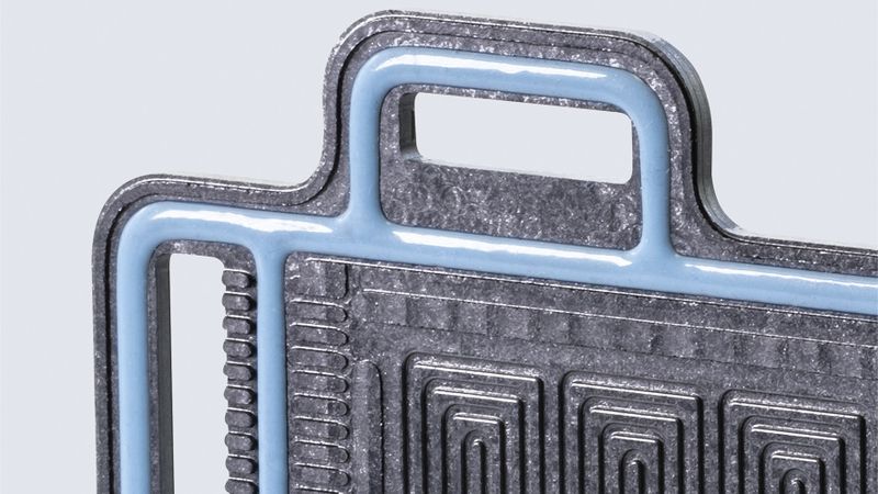 Das direkt auf die Biopolarplatten applizierte LSR sorgt für die Abdichtung von Brennstoffzellenstacks.(Bild:  © Technische Universität Chemnitz / Wevo-Chemie)