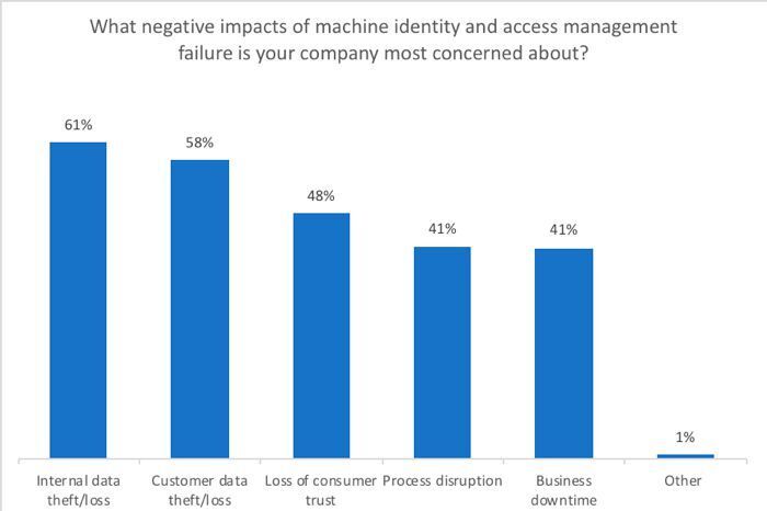 Über welche negativen Auswirkungen bei einer fehlerhaften Verwaltung maschineller Identitäten ist Ihr Unternehmen am stärksten besorgt? (Forrester Consulting)