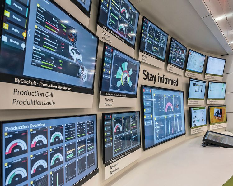 Alle Prozessdaten auf dem Screen: Das «ByCockpit» bringt alle Informationen aus der «Production Cell» auf Bildschirme. (Bild: Bystronic)