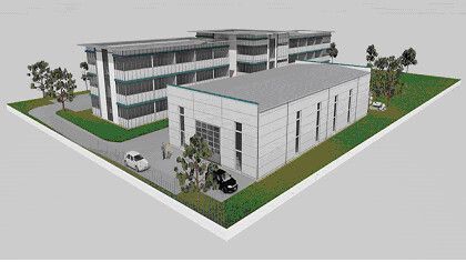Erweiterungshalle für Roboter und MRK Tec Camp im Vordergrund, bestehendes TCW- Büro und Laborgebäude im Hintergrund (Bild: TCW)