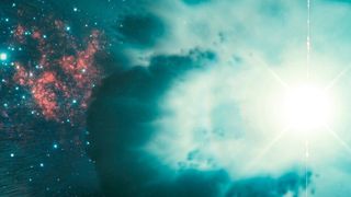 Künstlerische Darstellung eines Gammablitzes, der von der Explosion eines supermassereichen Sterns ausgelöst wird. (DESY, Science Communication Lab)