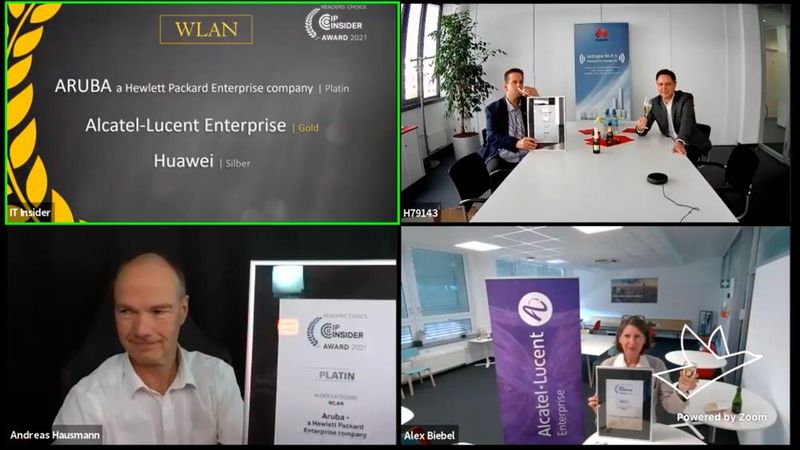 Last but not Least nehmen in der Kategorie „Drahtlose Netze / WLAN“ Andreas Hausmann (ARUBA – a Hewlett Packard Enterprise Company) [unten links; Platin], Alexandra Biebel (Alcatel-Lucent Enterprise) [unten rechts; Gold] und Jörg Karpinski [r.] mit Henning Czerny (Huawei) [oben rechts; Silber] ihre Auszeichnungen entgegen. (Vogel IT-Medien)