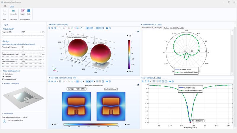 Eine auf einem Deep Neural Network (Surrogatmodell) basierende App zur Simulation von Mikrostreifen-Patch-Antennen. (Bild: COMSOL Multiphysics GmbH)