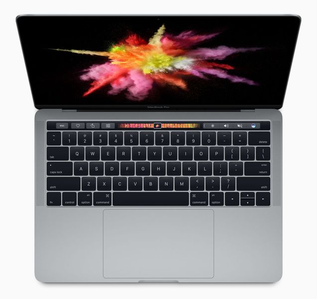 Über dem Keyboard sitzt bei der 15-Zoll-Version und der gehobenen Variante des 13-Zoll-MacBook die Touch Bar, ein schmales OLED-Display mit Touch-Erkennung, das die Funktionstasten ersetzt. Unter dem Keyboard sitzt das deutlich vergrößerte Touchpad. (Apple)