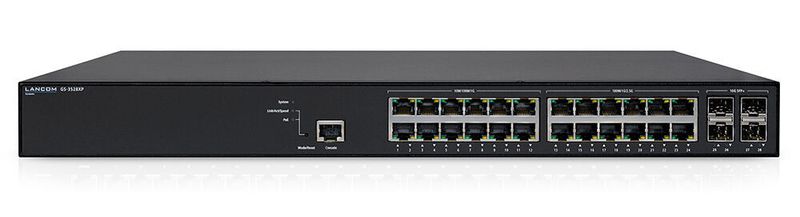 Lancom GS-3528XP: Multi-Gigabit Ethernet Access Switch mit PoE. 12 von insgesamt 24 Gigabit Ethernet Ports unterstützen 2,5 Gigabit Ethernet und bilden damit die leistungsstarke Basis für den Betrieb von Wi-Fi 6 Access Points und anderen Netzwerkkomponenten mit hohen Performance-Anforderungen. Weitere 4x SFP+-Ports und Layer-3-Funktionen wie Static Routing und DHCP-Server machen dieses Gerät zu einem Profi für intelligentes Management mit zahlreichen Sicherheitsfunktionen für kleine und mittelgroße Netze. (Lancom Systems)