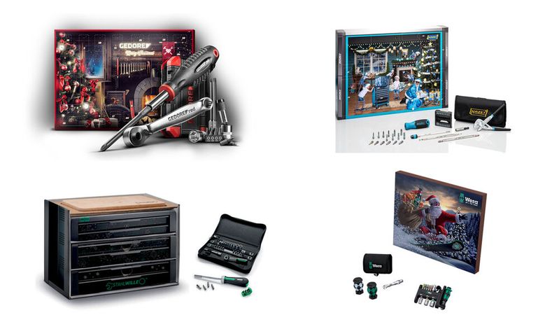 Statt Schokolade und Süßigkeiten bieten die diesjährigen Werkzeug-Adventskalender von Hazet, Wera, Gedore und Stahlwille eine Fülle praktischer Werkzeuge und Gadgets.(Bild:  Gedore / Hazet / Wera / Stahlwille)