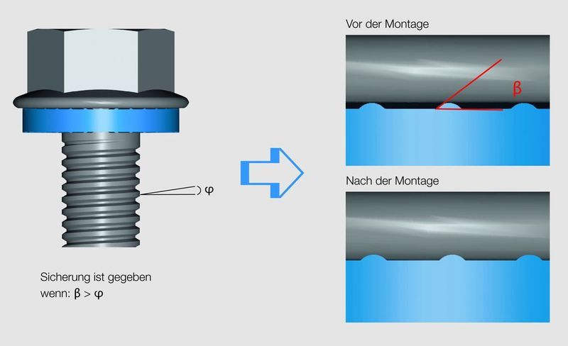 Die Ripp Lock Sicherungsscheiben sind beidseitig mit Radialrippen versehen. Der Steigungswinkel der Rippen ist größer als die Gewindesteigung.  (Bild: Böllhoff)