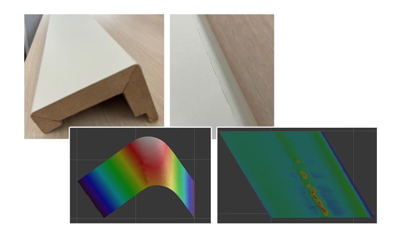 Ein Anwendungsbeispiel für den Trendabzug ist die Untersuchung von gebogenen Sockelleisten. Mit 3D-Inspect 3.0 können Falten oder Luftblasen auf der dehnbaren Oberflächenfolie genau lokalisiert werden. (Bild: Micro-Epsilon Messtechnik GmbH & Co. KG)